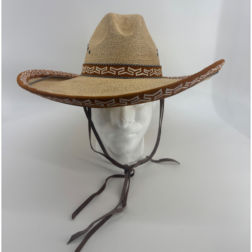 Avelar Hats Sombrero Charro Hat Men 6 7/8 Tan Embroidered Greca Trim Chin Strap